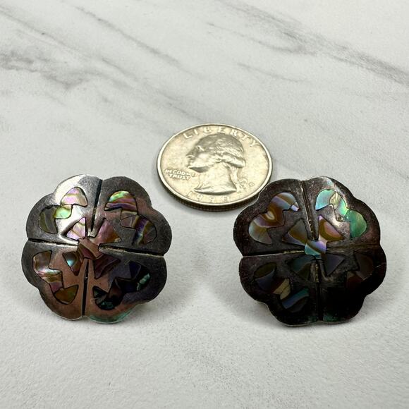 Vintage Alpaca Mexico Sterling Silver 925 MR Abalone Flower Earrings ✨ - Picture 13 of 14
